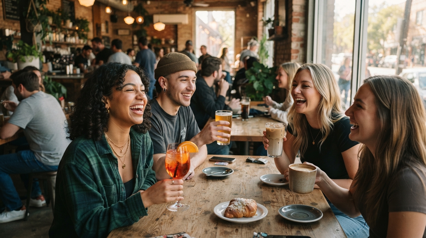 Gen Z patrons enjoying cocktails and coffee in a bright, modern coffee shop during the afternoon, showcasing the 'daycapping' trend.